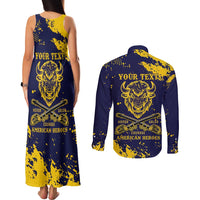 Personalized Bison Buffalo Soldiers Couples Matching Tank Maxi Dress and Long Sleeve Button Shirt American Heroes - Blue Grunge Style - Wonder Print Shop