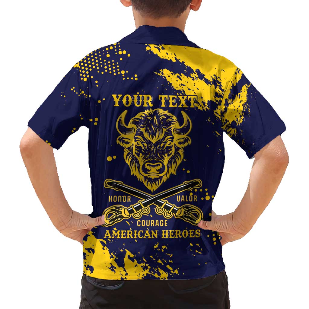 Personalized Bison Buffalo Soldiers Family Matching Long Sleeve Bodycon Dress and Hawaiian Shirt American Heroes - Blue Grunge Style - Wonder Print Shop