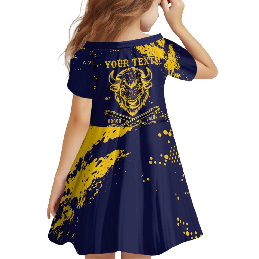 Personalized Bison Buffalo Soldiers Family Matching Long Sleeve Bodycon Dress and Hawaiian Shirt American Heroes - Blue Grunge Style - Wonder Print Shop