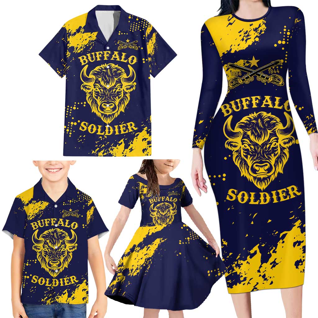 Personalized Bison Buffalo Soldiers Family Matching Long Sleeve Bodycon Dress and Hawaiian Shirt American Heroes - Blue Grunge Style - Wonder Print Shop