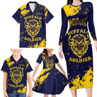 Personalized Bison Buffalo Soldiers Family Matching Long Sleeve Bodycon Dress and Hawaiian Shirt American Heroes - Blue Grunge Style - Wonder Print Shop