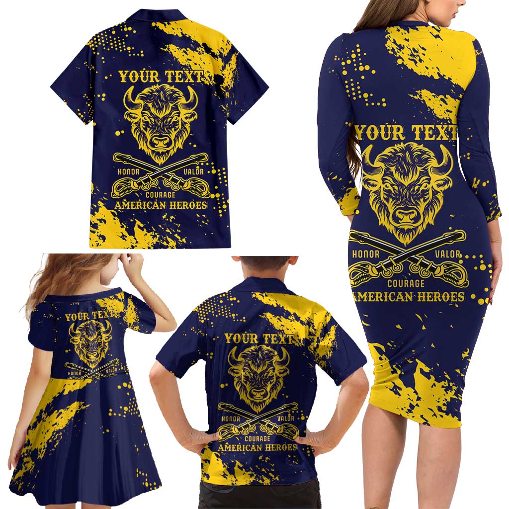 Personalized Bison Buffalo Soldiers Family Matching Long Sleeve Bodycon Dress and Hawaiian Shirt American Heroes - Blue Grunge Style - Wonder Print Shop
