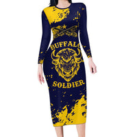 Personalized Bison Buffalo Soldiers Family Matching Long Sleeve Bodycon Dress and Hawaiian Shirt American Heroes - Blue Grunge Style - Wonder Print Shop