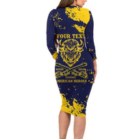 Personalized Bison Buffalo Soldiers Family Matching Long Sleeve Bodycon Dress and Hawaiian Shirt American Heroes - Blue Grunge Style - Wonder Print Shop