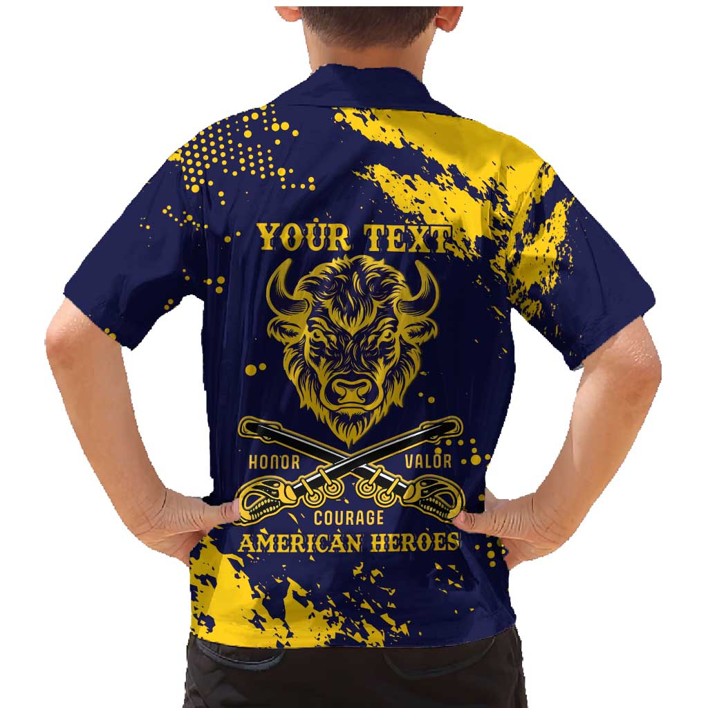 Personalized Bison Buffalo Soldiers Family Matching Mermaid Dress and Hawaiian Shirt American Heroes - Blue Grunge Style - Wonder Print Shop