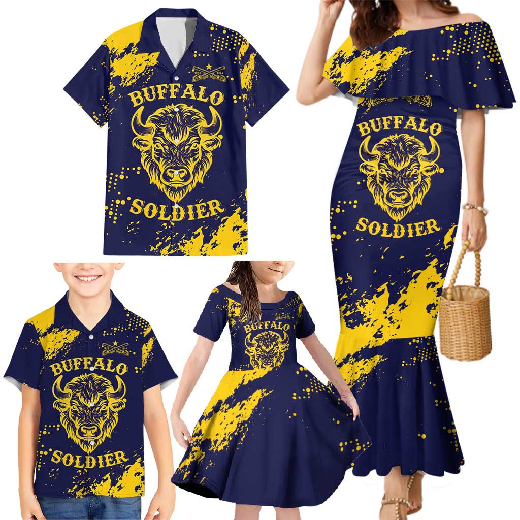Personalized Bison Buffalo Soldiers Family Matching Mermaid Dress and Hawaiian Shirt American Heroes - Blue Grunge Style - Wonder Print Shop
