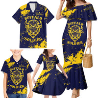 Personalized Bison Buffalo Soldiers Family Matching Mermaid Dress and Hawaiian Shirt American Heroes - Blue Grunge Style - Wonder Print Shop