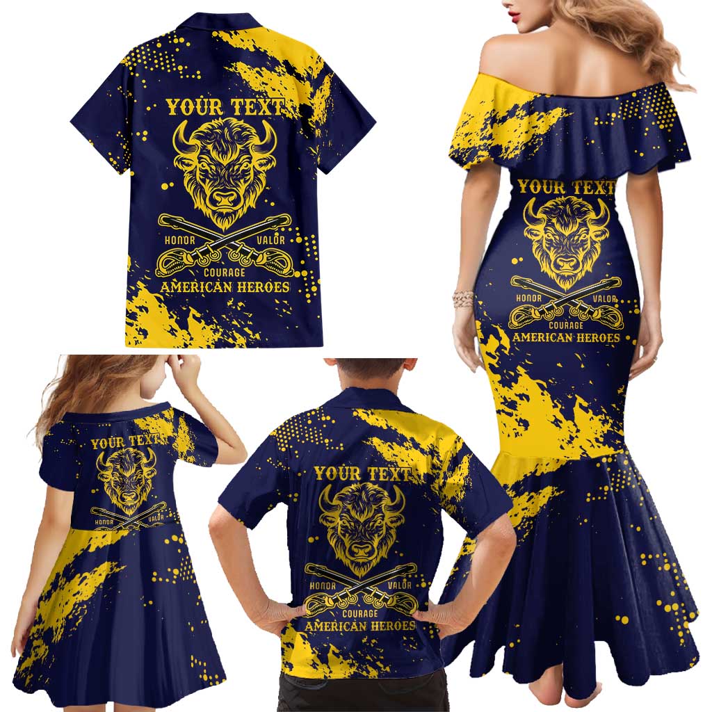 Personalized Bison Buffalo Soldiers Family Matching Mermaid Dress and Hawaiian Shirt American Heroes - Blue Grunge Style - Wonder Print Shop