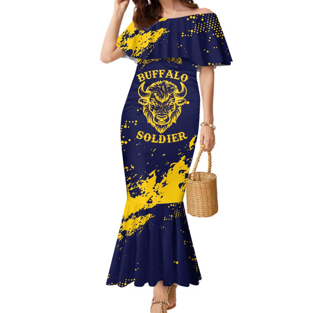 Personalized Bison Buffalo Soldiers Family Matching Mermaid Dress and Hawaiian Shirt American Heroes - Blue Grunge Style - Wonder Print Shop