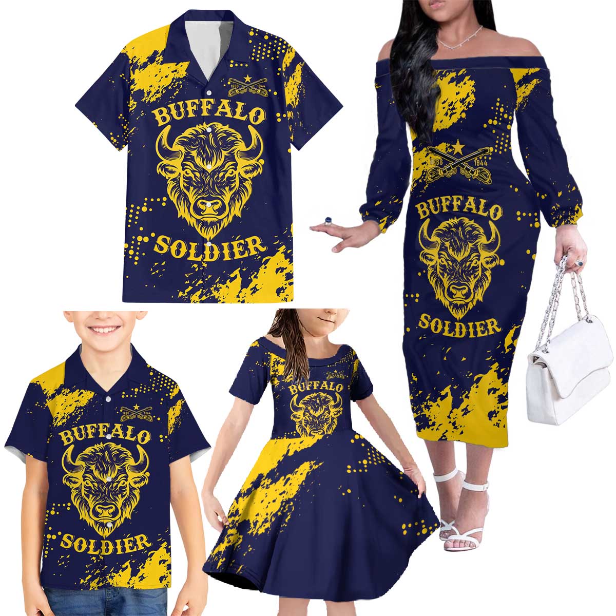 Personalized Bison Buffalo Soldiers Family Matching Off The Shoulder Long Sleeve Dress and Hawaiian Shirt American Heroes - Blue Grunge Style - Wonder Print Shop