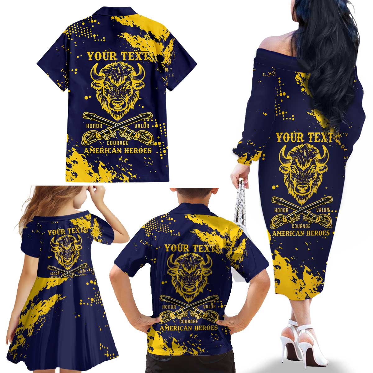 Personalized Bison Buffalo Soldiers Family Matching Off The Shoulder Long Sleeve Dress and Hawaiian Shirt American Heroes - Blue Grunge Style - Wonder Print Shop