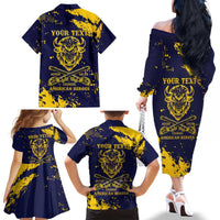 Personalized Bison Buffalo Soldiers Family Matching Off The Shoulder Long Sleeve Dress and Hawaiian Shirt American Heroes - Blue Grunge Style - Wonder Print Shop