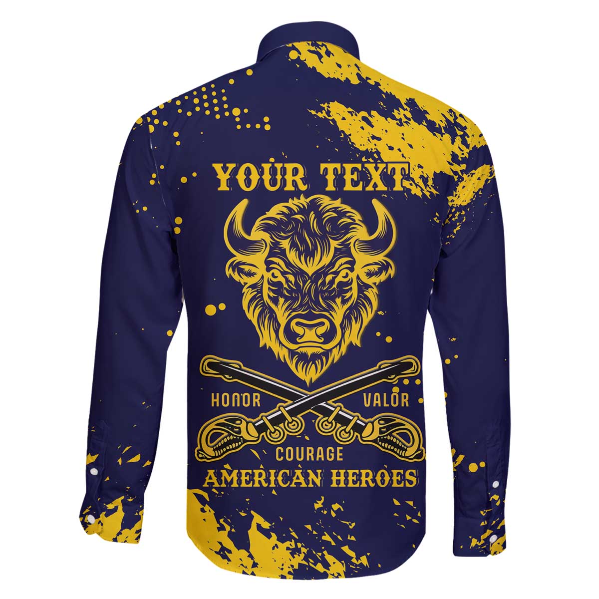 Personalized Bison Buffalo Soldiers Family Matching Off The Shoulder Long Sleeve Dress and Hawaiian Shirt American Heroes - Blue Grunge Style - Wonder Print Shop