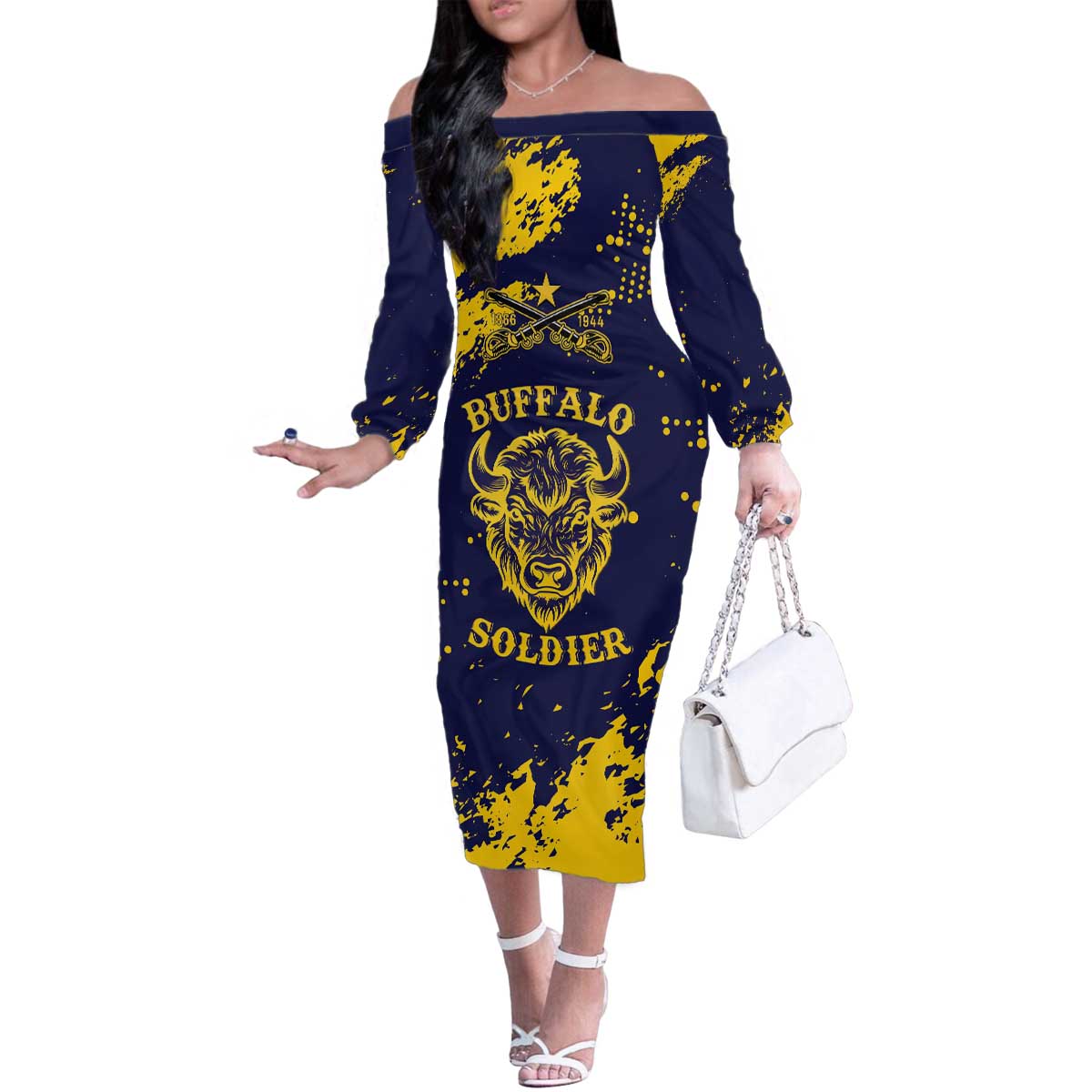 Personalized Bison Buffalo Soldiers Family Matching Off The Shoulder Long Sleeve Dress and Hawaiian Shirt American Heroes - Blue Grunge Style - Wonder Print Shop
