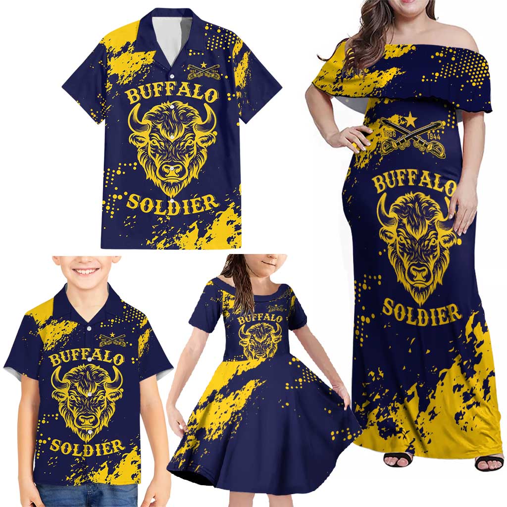 Personalized Bison Buffalo Soldiers Family Matching Off Shoulder Maxi Dress and Hawaiian Shirt American Heroes - Blue Grunge Style - Wonder Print Shop