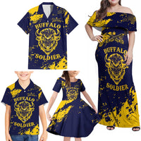Personalized Bison Buffalo Soldiers Family Matching Off Shoulder Maxi Dress and Hawaiian Shirt American Heroes - Blue Grunge Style - Wonder Print Shop