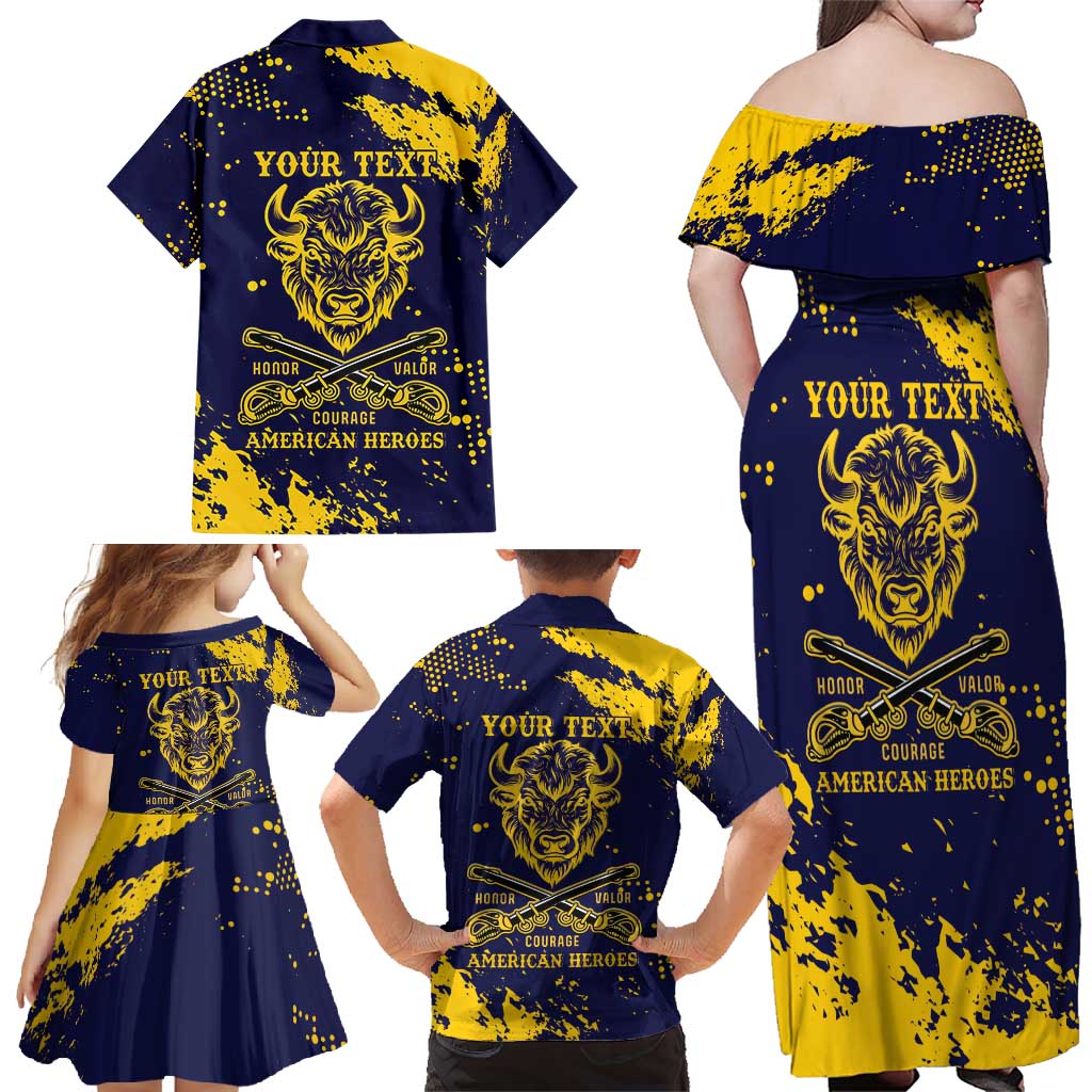 Personalized Bison Buffalo Soldiers Family Matching Off Shoulder Maxi Dress and Hawaiian Shirt American Heroes - Blue Grunge Style - Wonder Print Shop