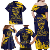 Personalized Bison Buffalo Soldiers Family Matching Off Shoulder Maxi Dress and Hawaiian Shirt American Heroes - Blue Grunge Style - Wonder Print Shop