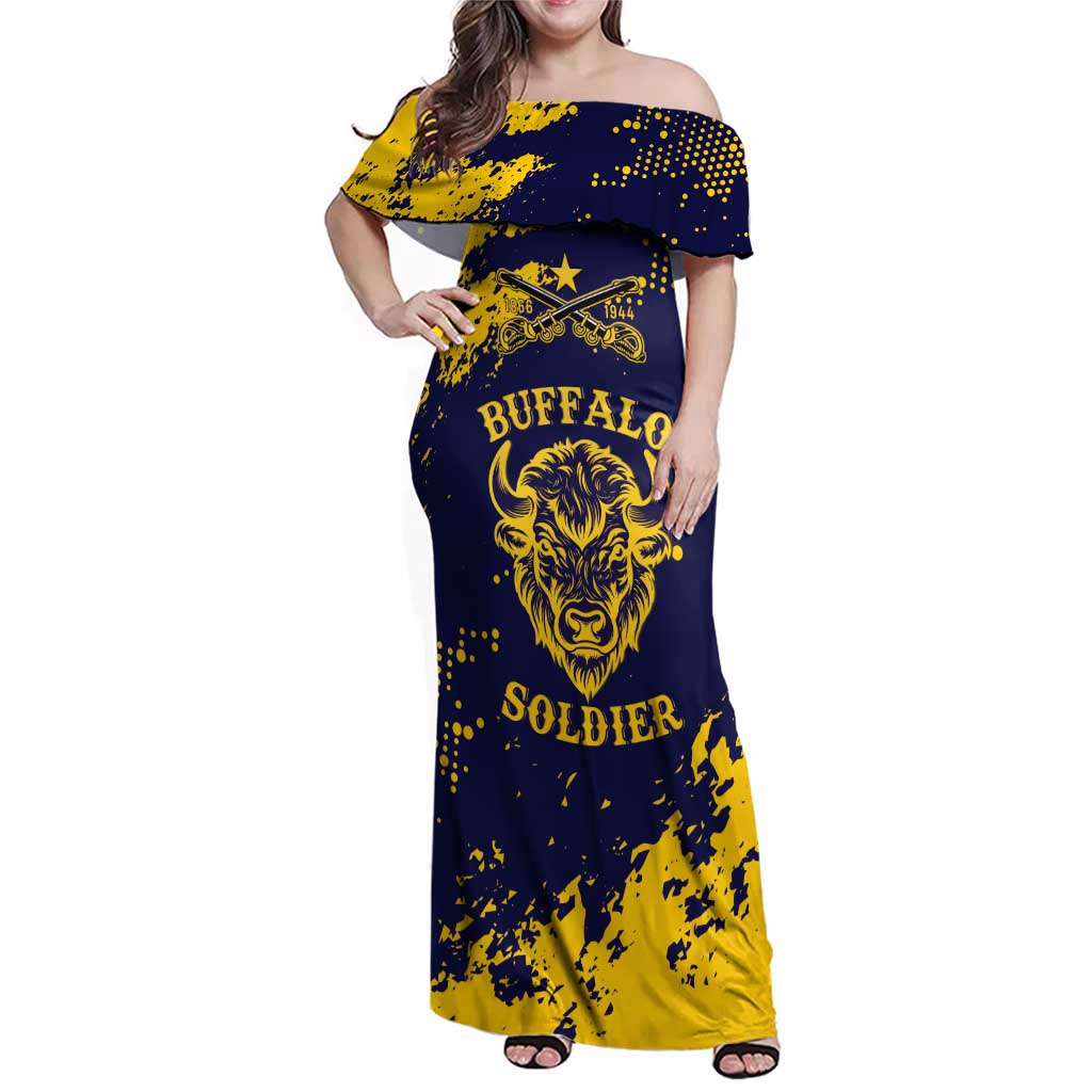 Personalized Bison Buffalo Soldiers Family Matching Off Shoulder Maxi Dress and Hawaiian Shirt American Heroes - Blue Grunge Style - Wonder Print Shop