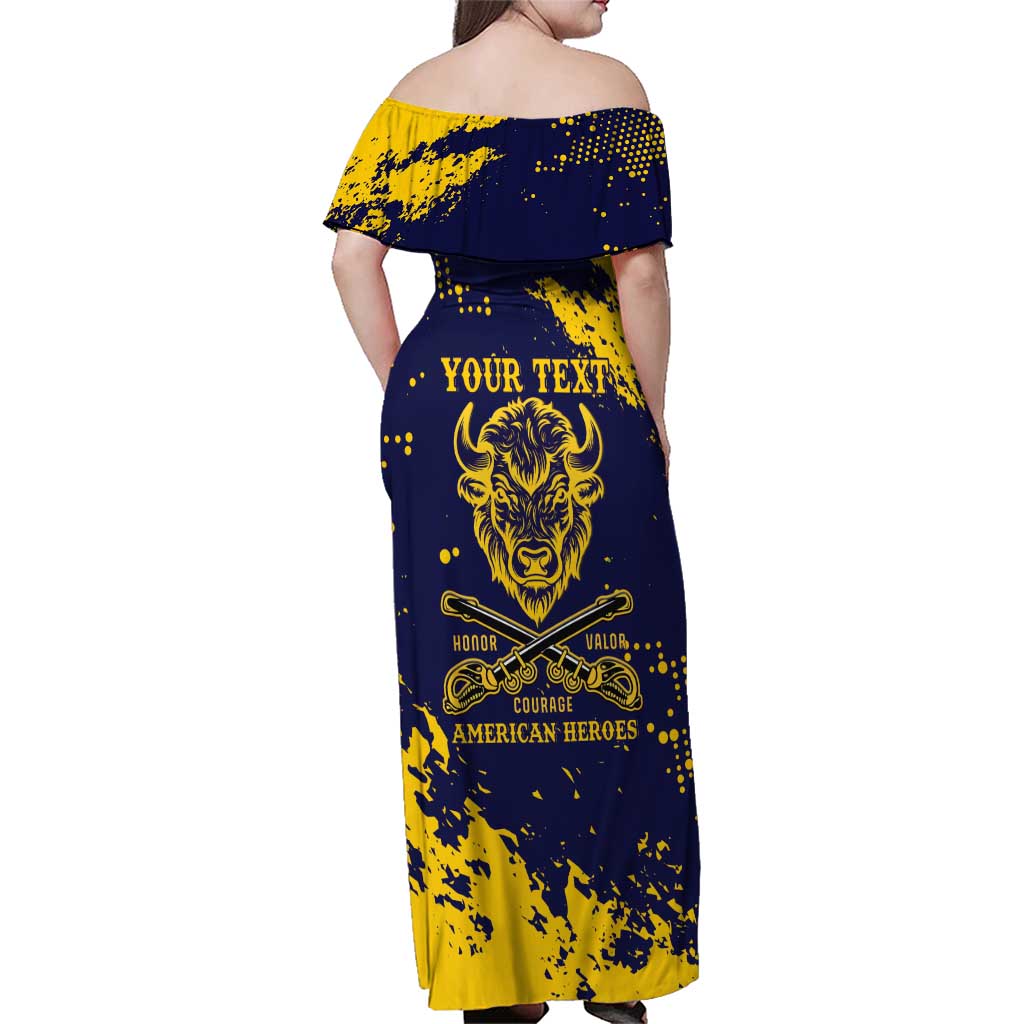 Personalized Bison Buffalo Soldiers Family Matching Off Shoulder Maxi Dress and Hawaiian Shirt American Heroes - Blue Grunge Style - Wonder Print Shop