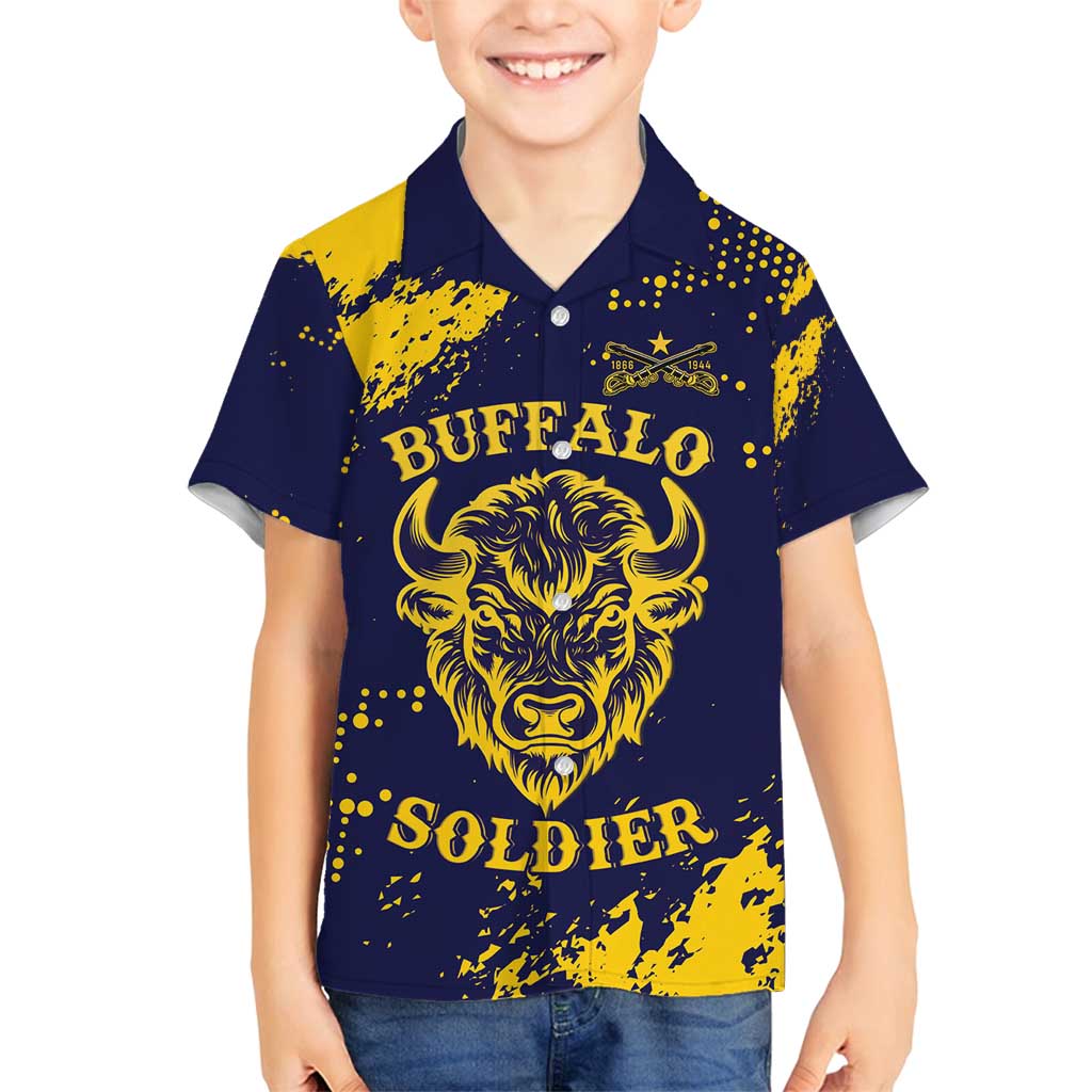 Personalized Bison Buffalo Soldiers Family Matching Off Shoulder Maxi Dress and Hawaiian Shirt American Heroes - Blue Grunge Style - Wonder Print Shop