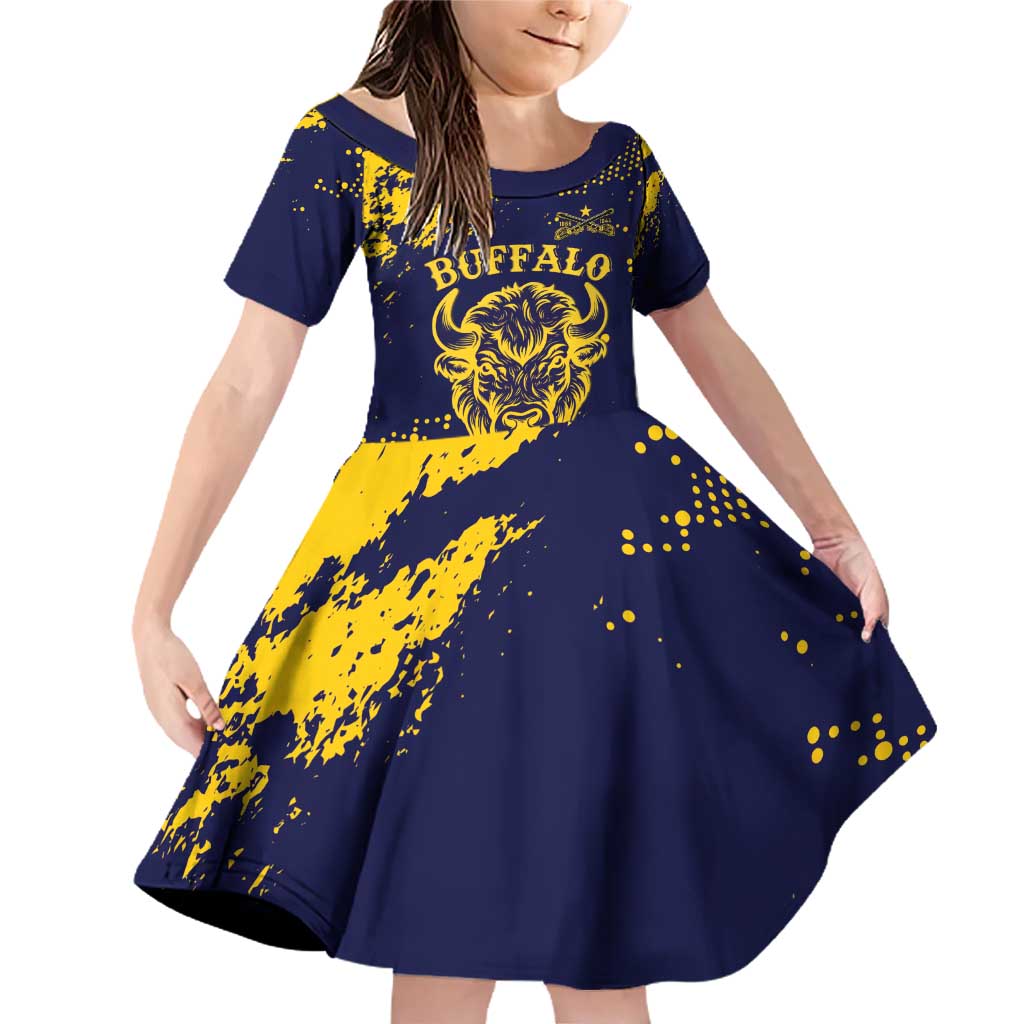 Personalized Bison Buffalo Soldiers Family Matching Off Shoulder Short Dress and Hawaiian Shirt American Heroes - Blue Grunge Style - Wonder Print Shop