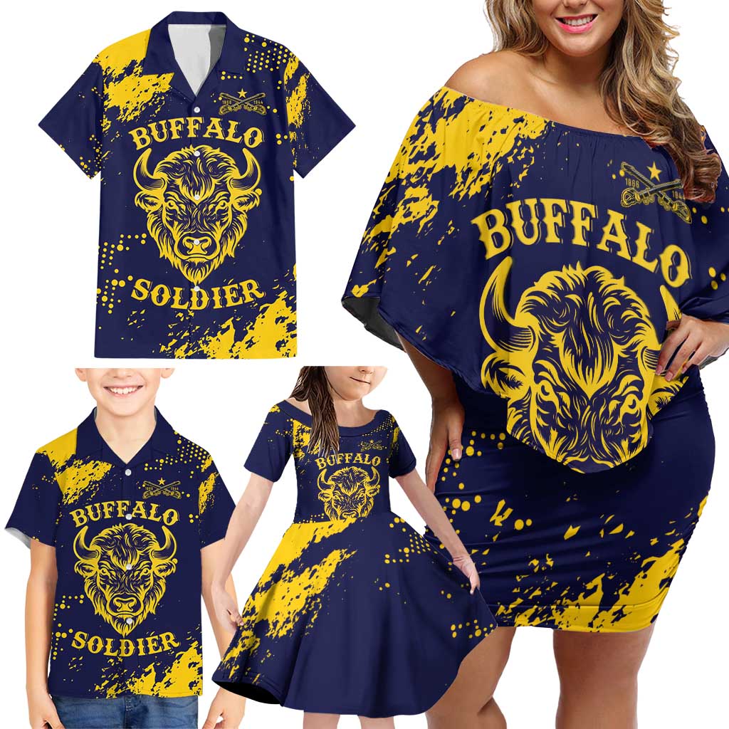 Personalized Bison Buffalo Soldiers Family Matching Off Shoulder Short Dress and Hawaiian Shirt American Heroes - Blue Grunge Style - Wonder Print Shop