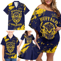 Personalized Bison Buffalo Soldiers Family Matching Off Shoulder Short Dress and Hawaiian Shirt American Heroes - Blue Grunge Style - Wonder Print Shop