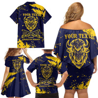 Personalized Bison Buffalo Soldiers Family Matching Off Shoulder Short Dress and Hawaiian Shirt American Heroes - Blue Grunge Style - Wonder Print Shop