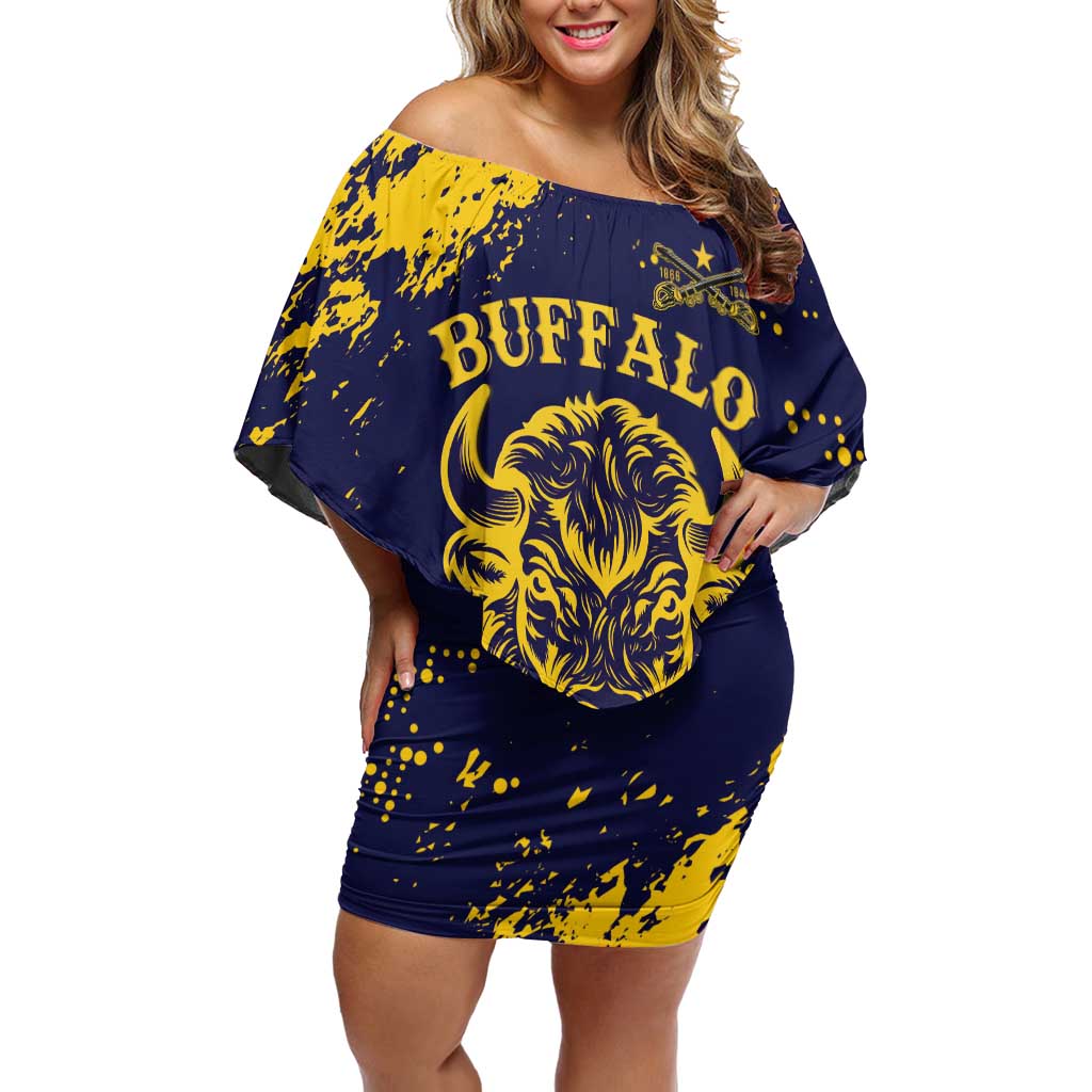 Personalized Bison Buffalo Soldiers Family Matching Off Shoulder Short Dress and Hawaiian Shirt American Heroes - Blue Grunge Style - Wonder Print Shop