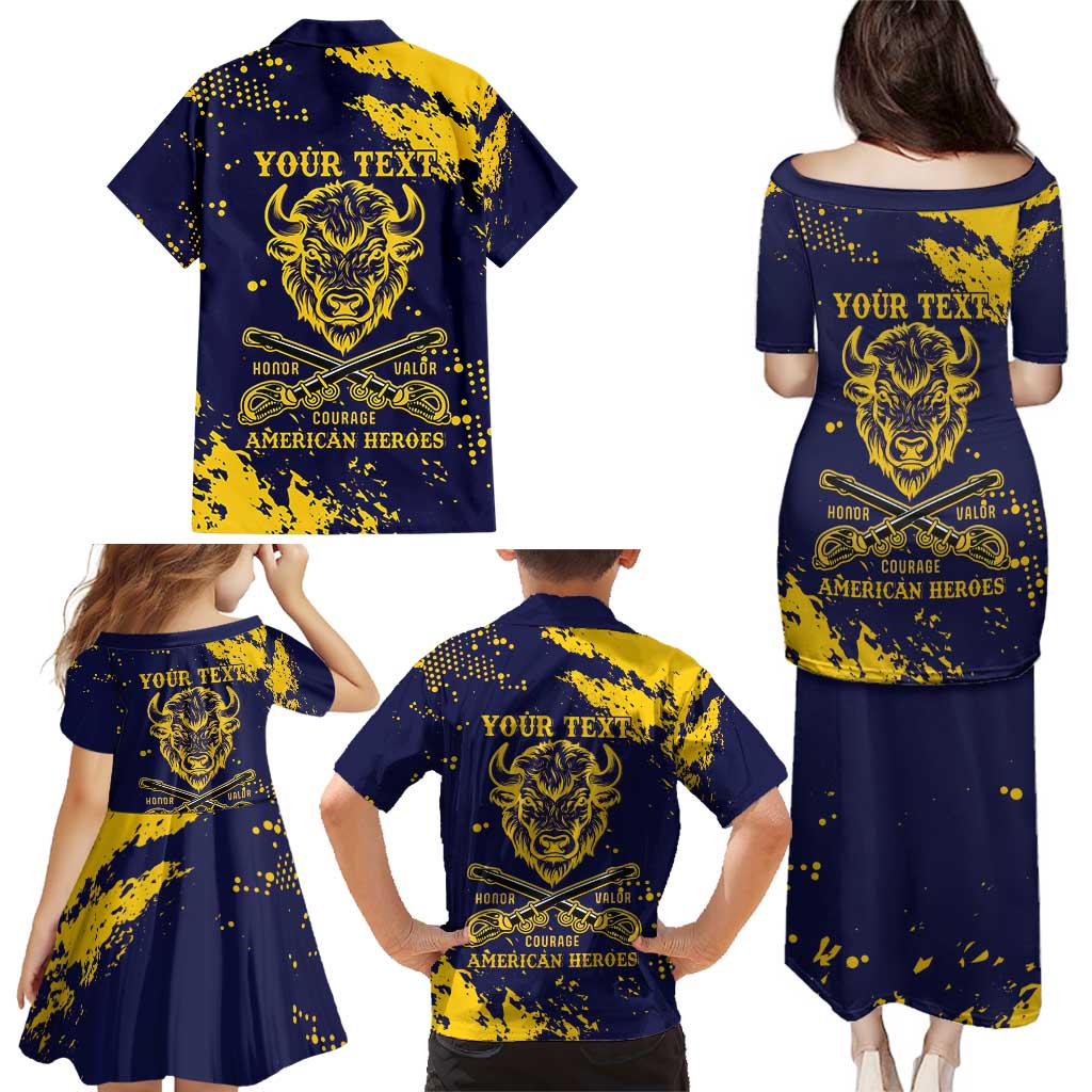 Personalized Bison Buffalo Soldiers Family Matching Puletasi and Hawaiian Shirt American Heroes - Blue Grunge Style - Wonder Print Shop