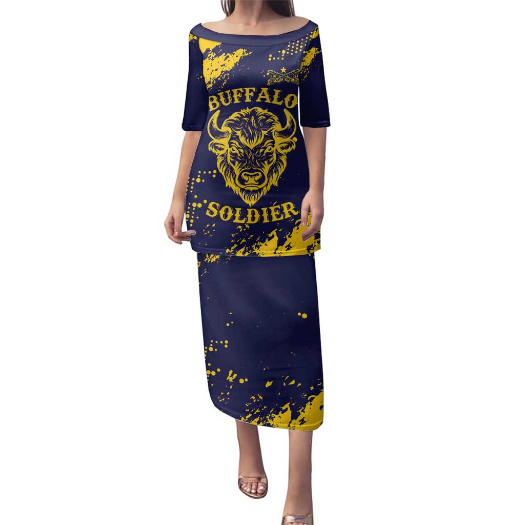 Personalized Bison Buffalo Soldiers Family Matching Puletasi and Hawaiian Shirt American Heroes - Blue Grunge Style - Wonder Print Shop