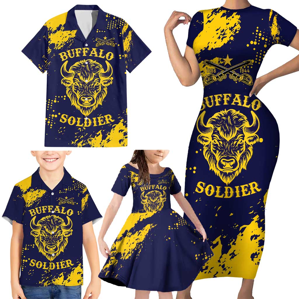 Personalized Bison Buffalo Soldiers Family Matching Short Sleeve Bodycon Dress and Hawaiian Shirt American Heroes - Blue Grunge Style - Wonder Print Shop