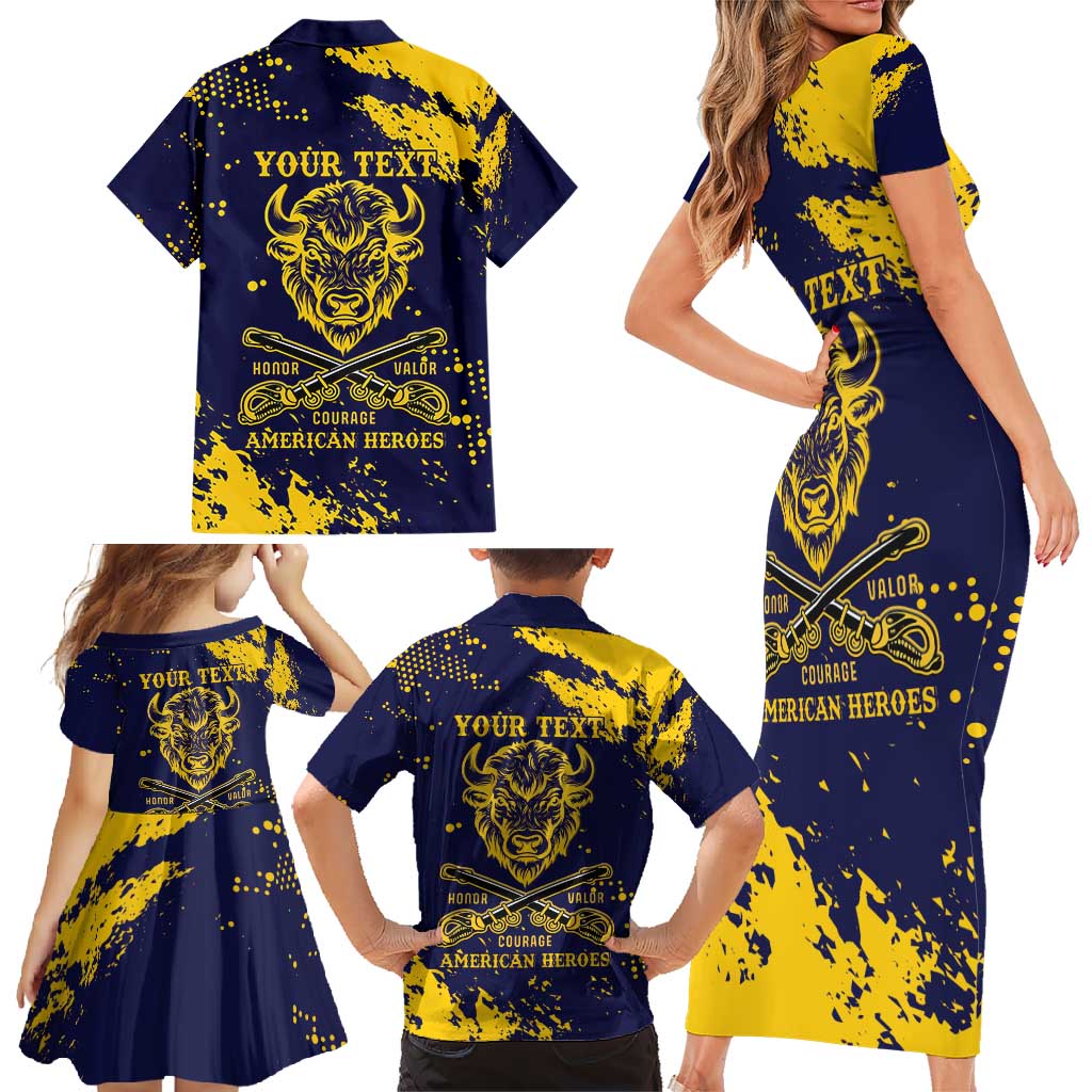 Personalized Bison Buffalo Soldiers Family Matching Short Sleeve Bodycon Dress and Hawaiian Shirt American Heroes - Blue Grunge Style - Wonder Print Shop