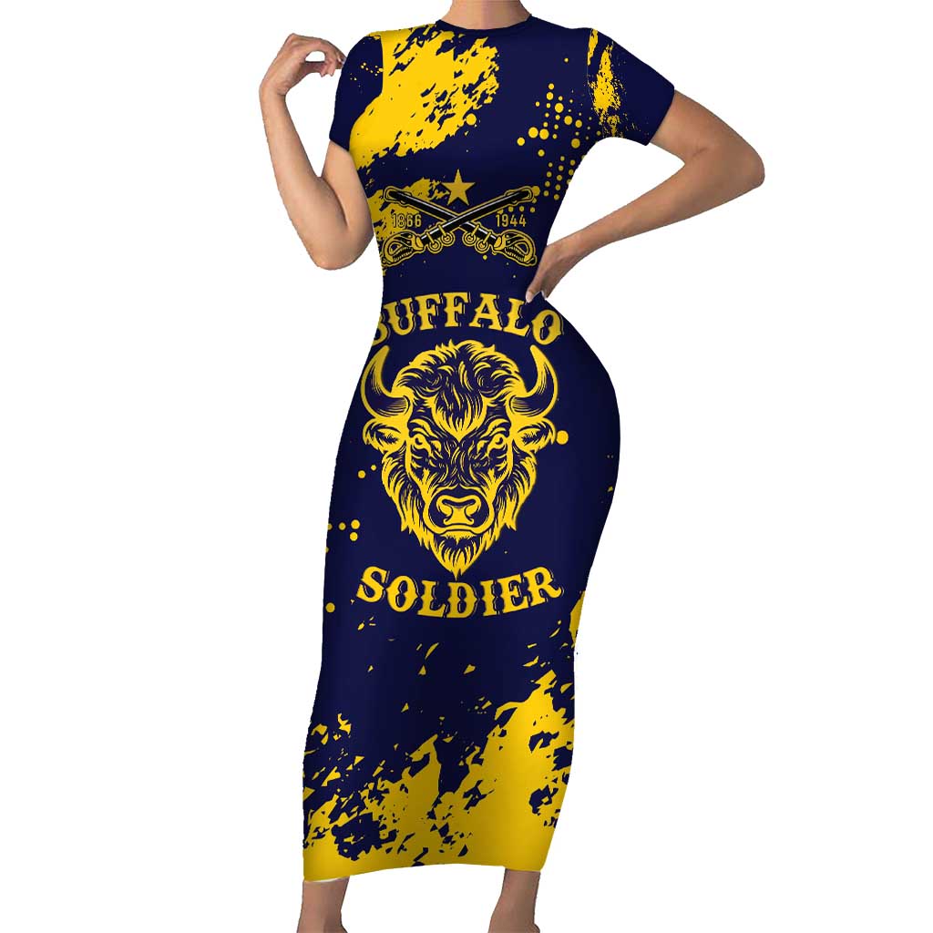 Personalized Bison Buffalo Soldiers Family Matching Short Sleeve Bodycon Dress and Hawaiian Shirt American Heroes - Blue Grunge Style - Wonder Print Shop