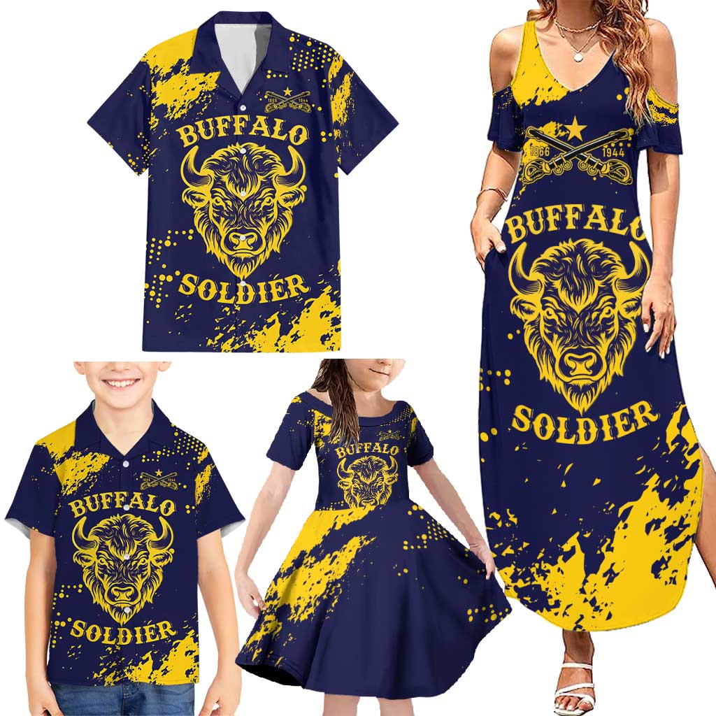 Personalized Bison Buffalo Soldiers Family Matching Summer Maxi Dress and Hawaiian Shirt American Heroes - Blue Grunge Style - Wonder Print Shop