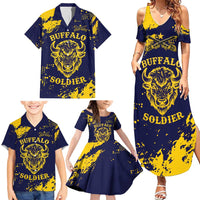 Personalized Bison Buffalo Soldiers Family Matching Summer Maxi Dress and Hawaiian Shirt American Heroes - Blue Grunge Style - Wonder Print Shop
