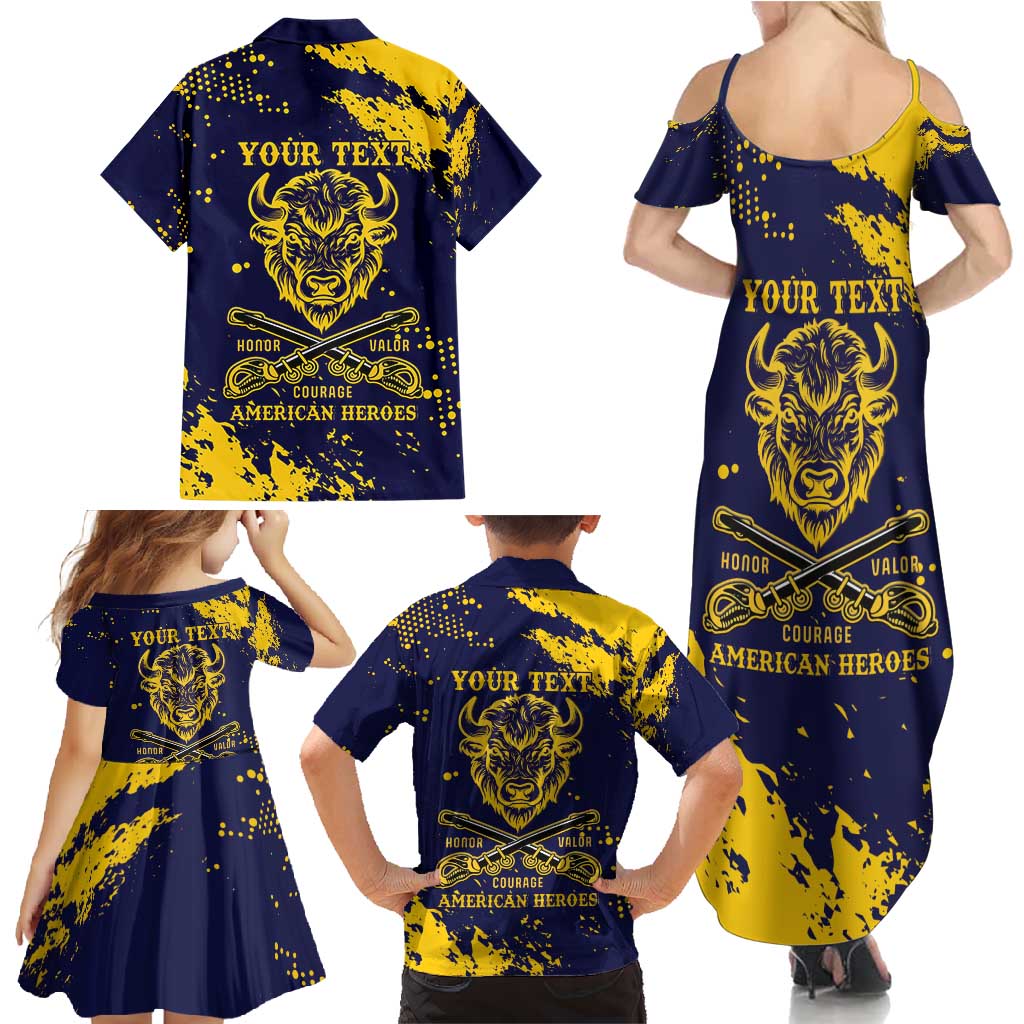Personalized Bison Buffalo Soldiers Family Matching Summer Maxi Dress and Hawaiian Shirt American Heroes - Blue Grunge Style - Wonder Print Shop
