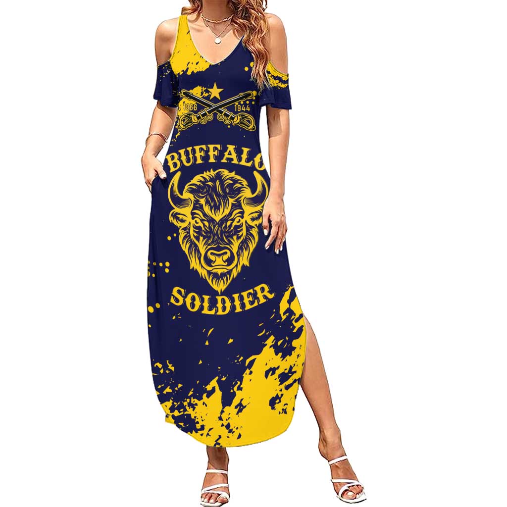 Personalized Bison Buffalo Soldiers Family Matching Summer Maxi Dress and Hawaiian Shirt American Heroes - Blue Grunge Style - Wonder Print Shop