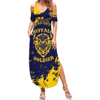 Personalized Bison Buffalo Soldiers Family Matching Summer Maxi Dress and Hawaiian Shirt American Heroes - Blue Grunge Style - Wonder Print Shop