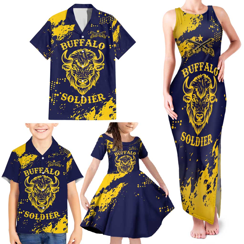Personalized Bison Buffalo Soldiers Family Matching Tank Maxi Dress and Hawaiian Shirt American Heroes - Blue Grunge Style - Wonder Print Shop