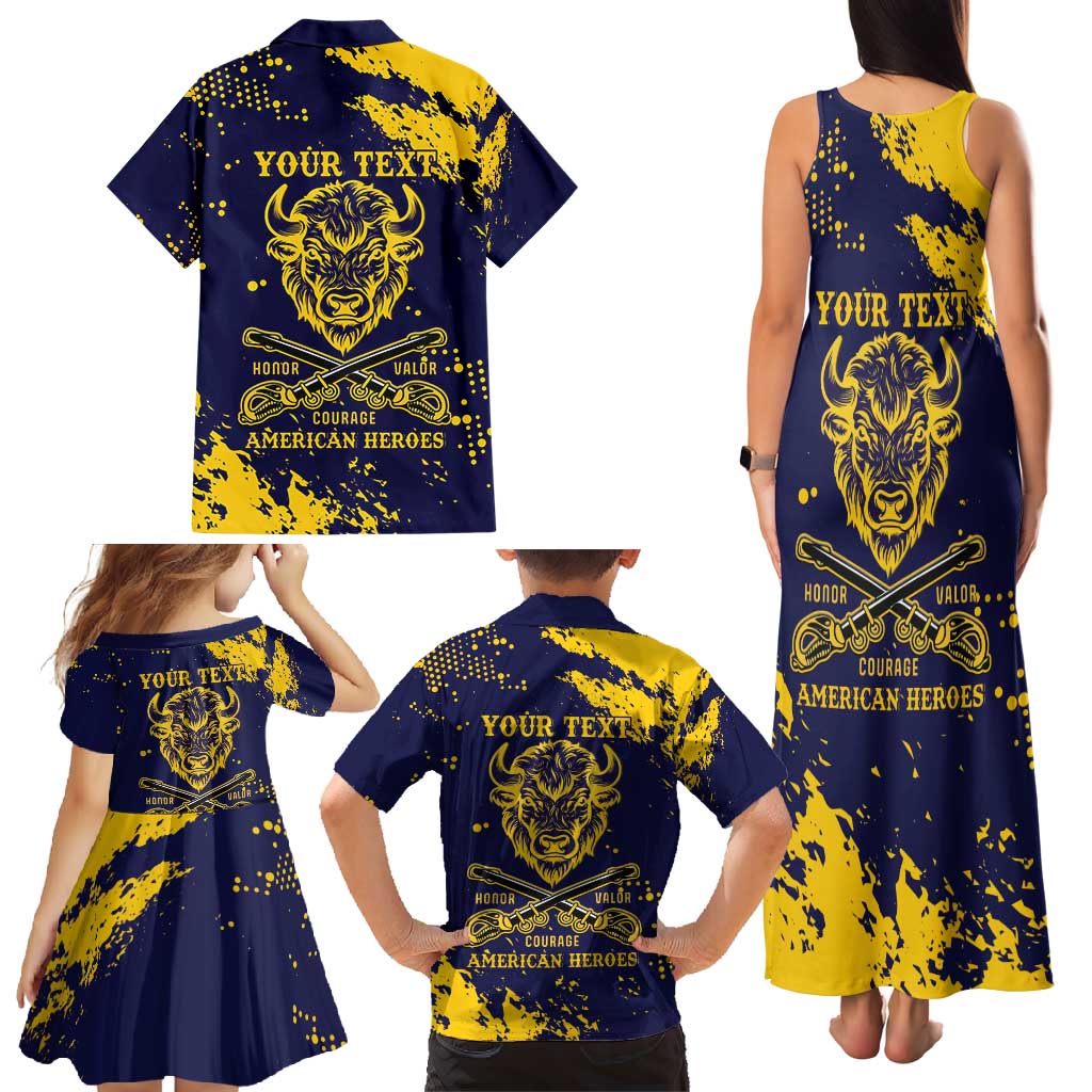 Personalized Bison Buffalo Soldiers Family Matching Tank Maxi Dress and Hawaiian Shirt American Heroes - Blue Grunge Style - Wonder Print Shop