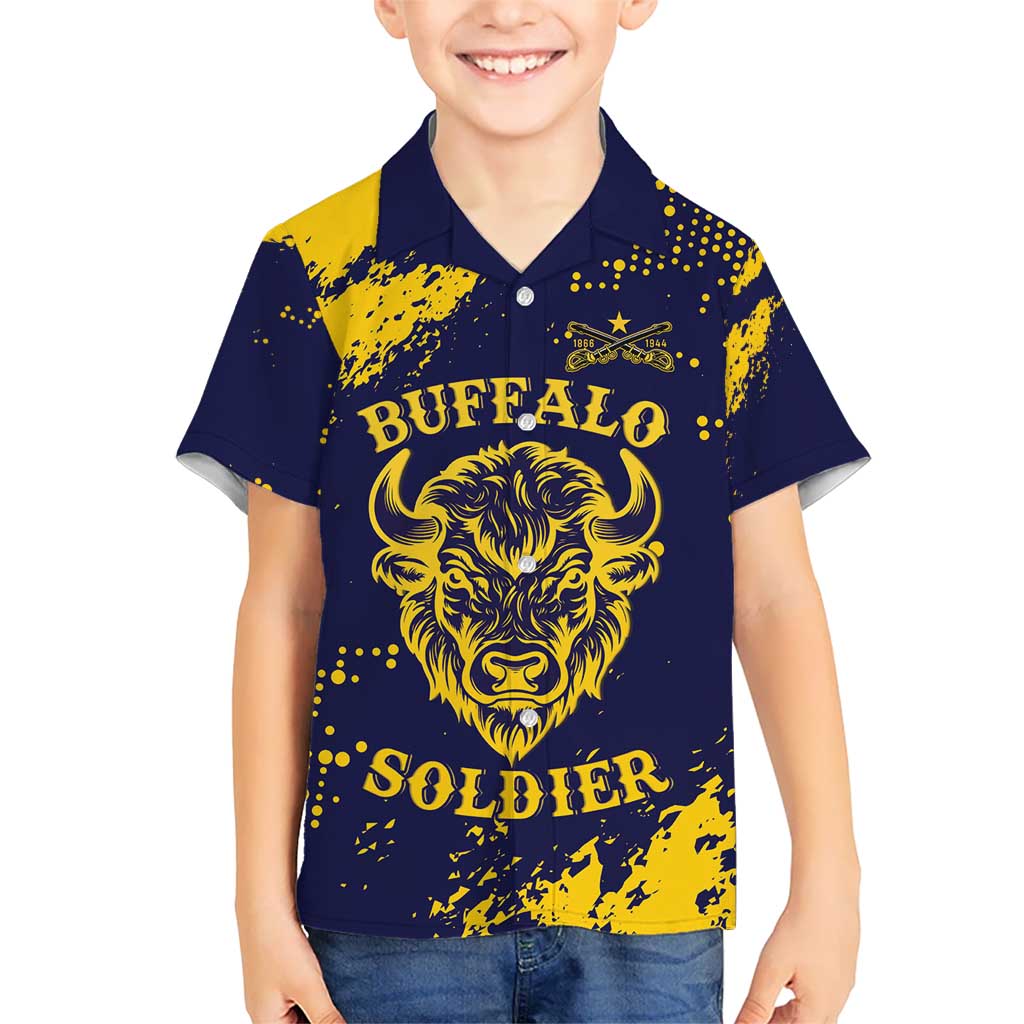 Personalized Bison Buffalo Soldiers Kid Hawaiian Shirt American Heroes - Blue Grunge Style - Wonder Print Shop