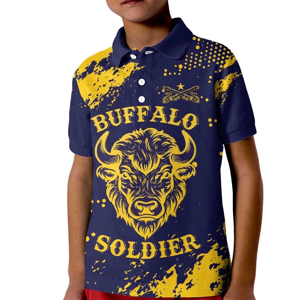 Personalized Bison Buffalo Soldiers Kid Polo Shirt American Heroes - Blue Grunge Style - Wonder Print Shop