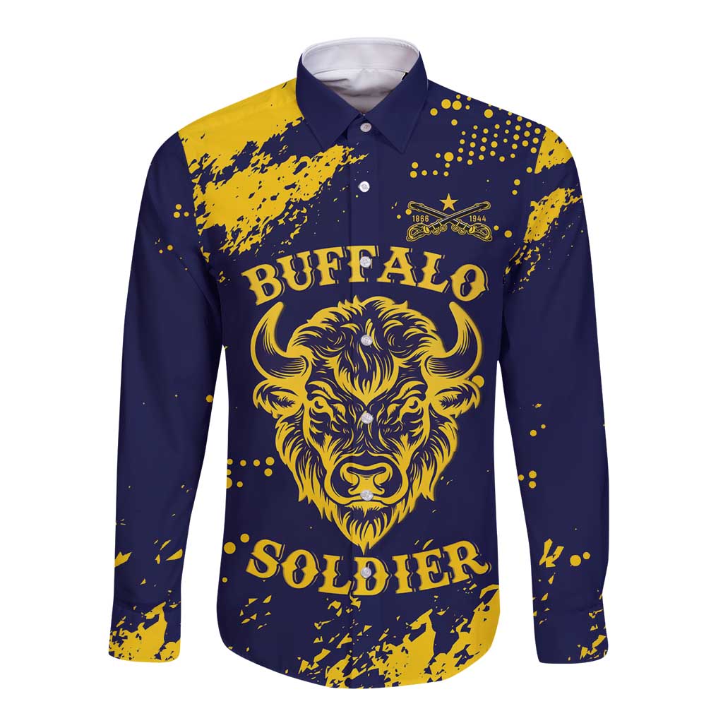 Personalized Bison Buffalo Soldiers Long Sleeve Button Shirt American Heroes - Blue Grunge Style - Wonder Print Shop