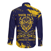 Personalized Bison Buffalo Soldiers Long Sleeve Button Shirt American Heroes - Blue Grunge Style - Wonder Print Shop