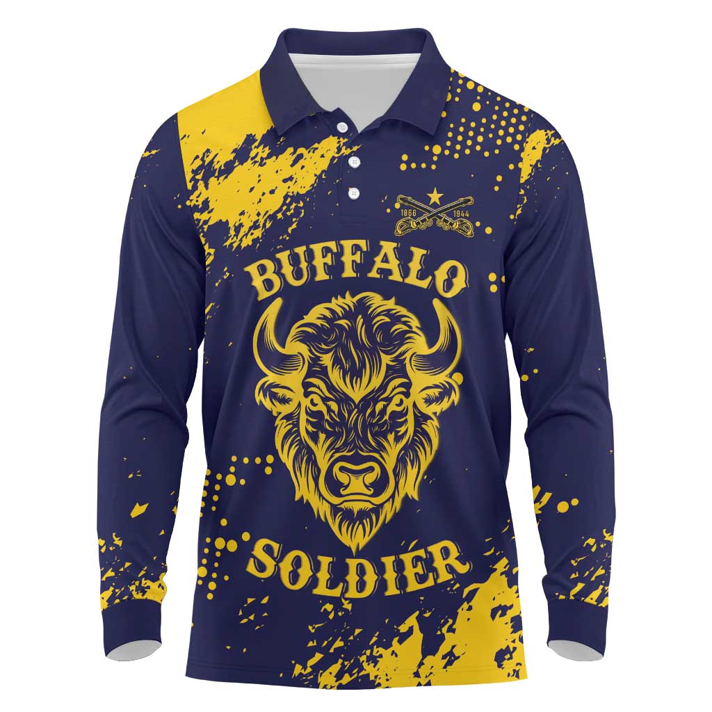 Personalized Bison Buffalo Soldiers Long Sleeve Polo Shirt American Heroes - Blue Grunge Style - Wonder Print Shop