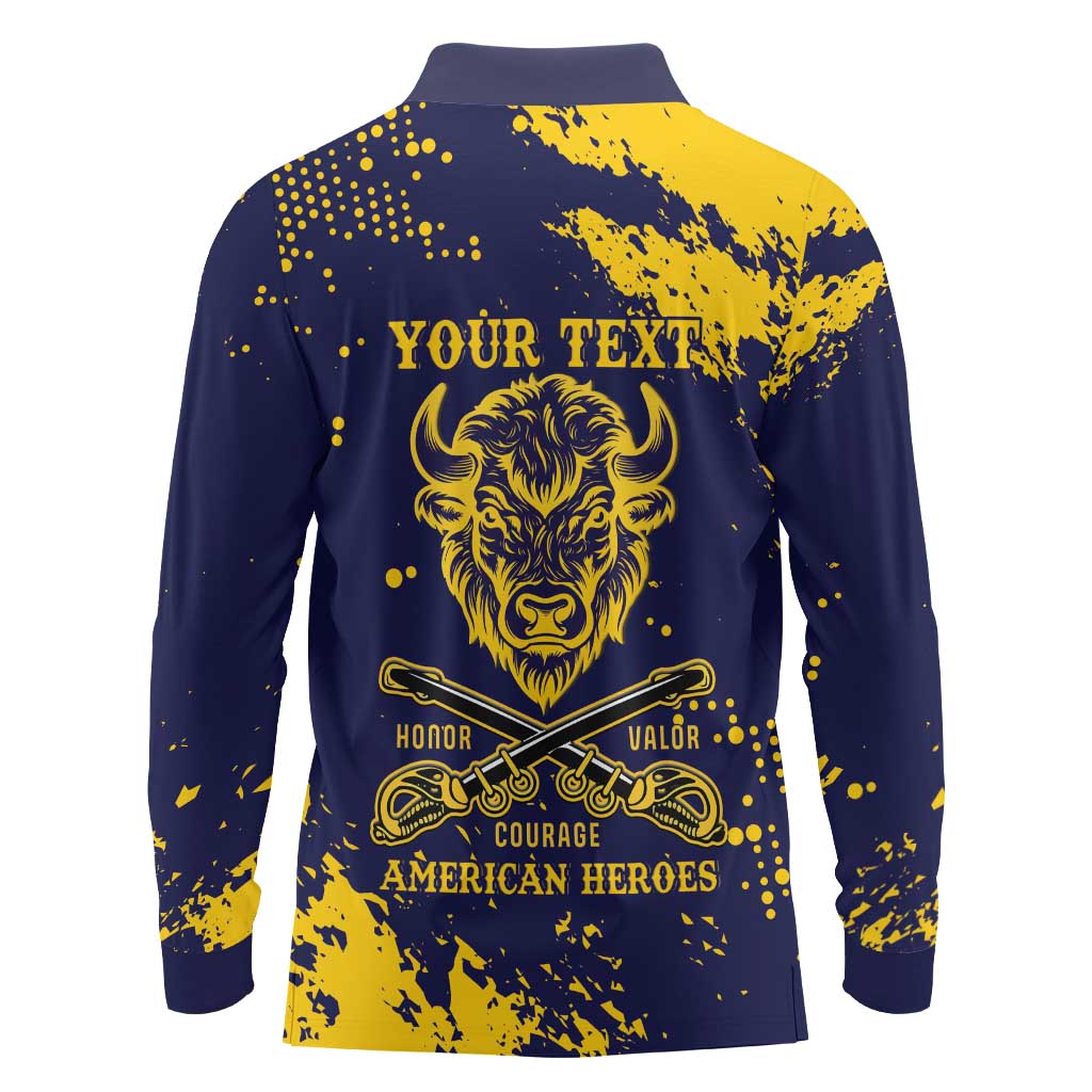 Personalized Bison Buffalo Soldiers Long Sleeve Polo Shirt American Heroes - Blue Grunge Style - Wonder Print Shop