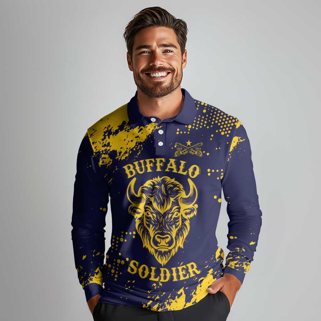 Personalized Bison Buffalo Soldiers Long Sleeve Polo Shirt American Heroes - Blue Grunge Style - Wonder Print Shop