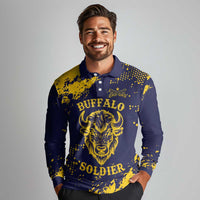 Personalized Bison Buffalo Soldiers Long Sleeve Polo Shirt American Heroes - Blue Grunge Style - Wonder Print Shop